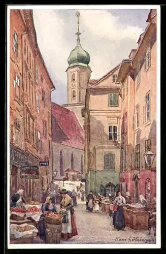 Künstler-AK Hans Götzinger: Graz, Kapannplatz mit Franziskanerkirche, Händler mit Kunden an den Ständen