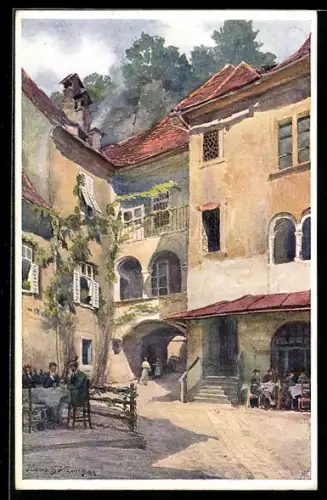 Künstler-AK Hans Götzinger: Graz, Krebsenkellerhof mit Leuten
