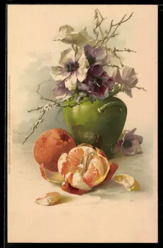 Künstler-Lithographie Catharina Klein: Stilleben mit Blumenvase und Apfelsinen