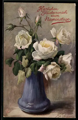 Künstler-AK Raphael Tuck & Sons Nr. 881: Vase mit weissen Rosen