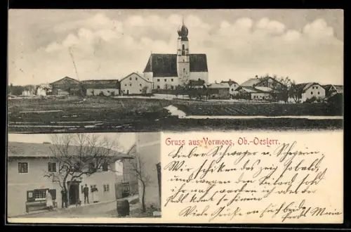 AK Feldkirchen bei Mattighofen, Vormoos, Partie am Gasthaus, Ortsansicht mit Kirche