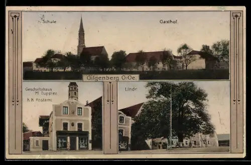 AK Gilgenberg /O.-Oe., Geschäftshaus M. Doppler, K.K. Postamt, Schule, Gasthof, Linde auf dem Platz