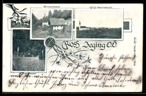 AK Jeging /O.Ö., Pfannenschmiede, Gesamtansicht der Ortschaft, Jubiläumsbad