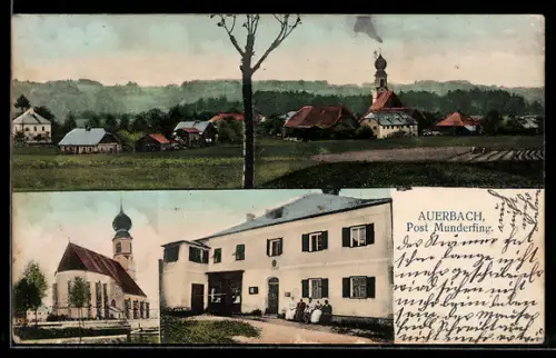 AK Auerbach bei Munderfing, Gasthaus, Ansicht der Kirche, Ortsansicht