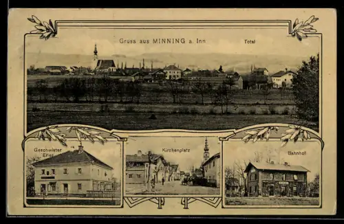 AK Mining am Inn, Bahnhof, Kirchenplatz, Haus Geschwister Erler, Totalansicht vom Ort