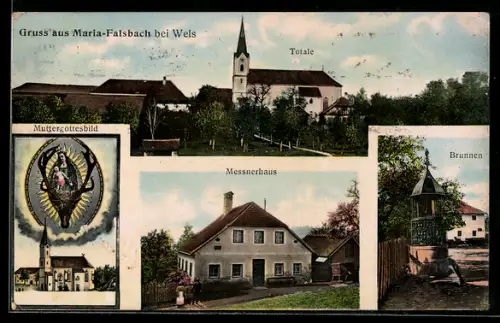 AK Gunskirchen, Maria-Fallsbach bei Wels, Messnerhaus, Muttergottesbild, Brunnen, Totalansicht vom Ort