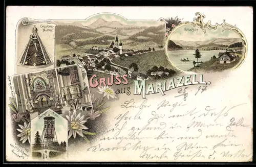 Lithographie Mariazell, Panorama mit Basilika, Gnadenmutter und See