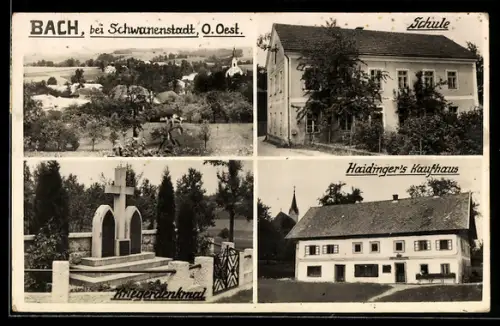 AK Bach bei Schwanenstadt, Haidinger`s Kaufhaus, Schule, Kriegerdenkmal