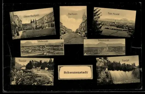 AK Schwanenstadt, Oberer Stadtplatz, Stadtplatz, Traunfall