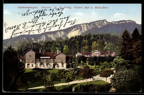 AK Goisern /Salzkammergut, Bade-Hotel Valerie mit Park und Gebirgspanorama