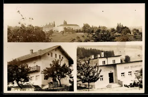 AK Prambachkirchen, Bad Weinberg, Panorama, Wohnhaus und Gebäude mit Fassadenbeschriftung