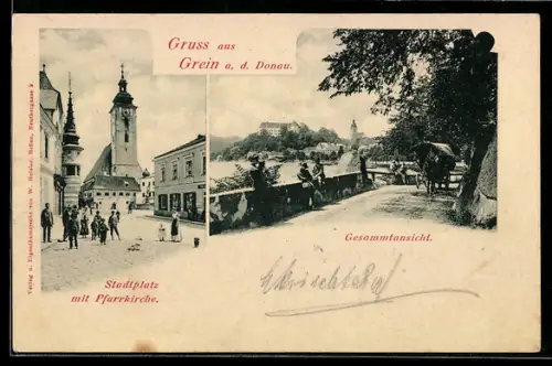 AK Grein a. d. Donau, Stadtplatz mit Pfarrkirche, Gesamtansicht