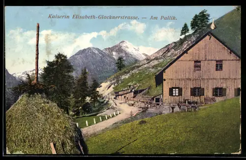 AK Pallik, Kaiserin Elisabeth-Glocknerstrasse, Almhütten und Bergpanorama