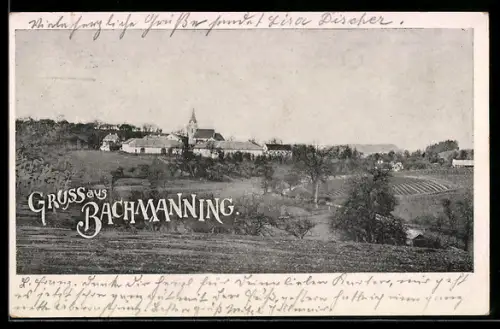 AK Bachmanning, Dorfpanorama mit Kirche und Feldern