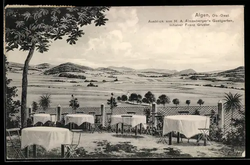 AK Aigen /Ob.-Oest., Gastgarten mit Panoramablick auf Hügellandschaft