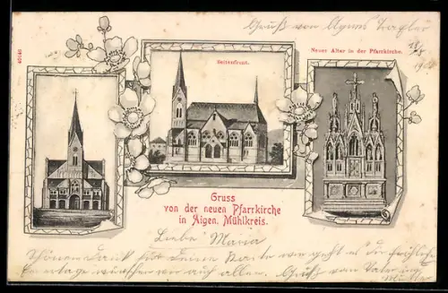 Lithographie Aigen /Mühlkreis, Neue Pfarrkirche, Seitenfront und neuer Altar