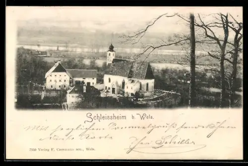 AK Schleissheim b. Wels, Dorfansicht mit Kirche