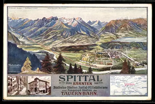 Lithographie Spittal an der Drau, Panorama mit Ort, Südbahn-Station und Tauernbahn