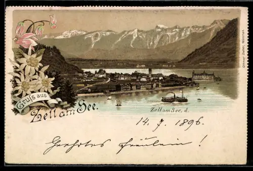Lithographie Zell am See, Panorama mit See, Ort und Bergkulisse
