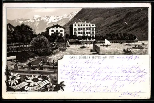 Lithographie Zell am See, Carl Böhms Hotel am See