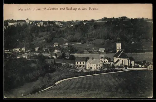 AK Wernstein a. Inn, Panorama mit Kirche und Häusern am Inn