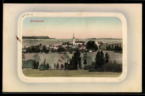 AK Altschwend, Dorfansicht mit Kirche und umliegenden Feldern