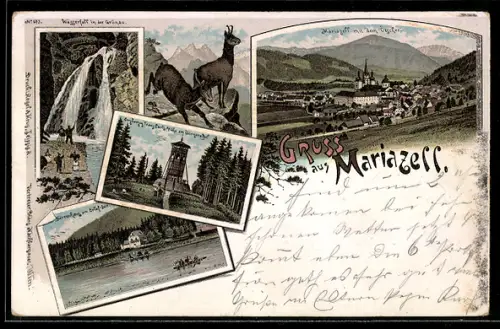 Lithographie Mariazell, Panorama mit Kirche, Wasserfall, See