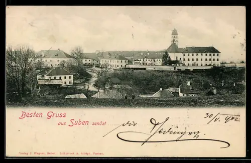 AK Suben, Panorama mit Kirche und Ortsansicht