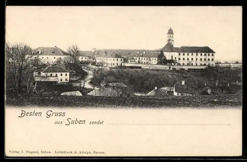 AK Suben, Panorama mit Ort und Kirche