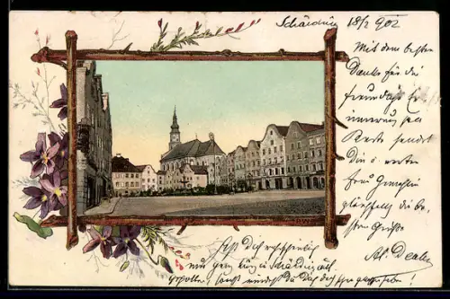 AK Schärding, Stadtplatz mit Kirche und Häuserzeile