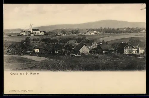 AK St. Roman /Ob. Öst., Dorfpanorama mit Kirche