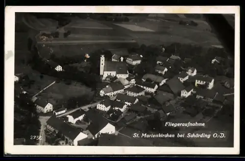 AK St. Marienkirchen bei Schärding, Fliegeraufnahme mit Kirche und Dorf