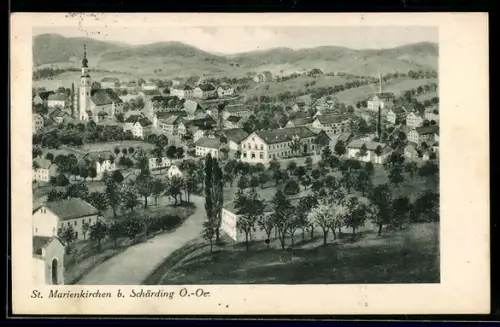 AK St. Marienkirchen b. Schärding, Panorama mit Kirche