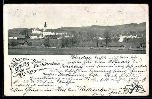 AK Buchkirchen, Ortsansicht mit Kirche und Feldern