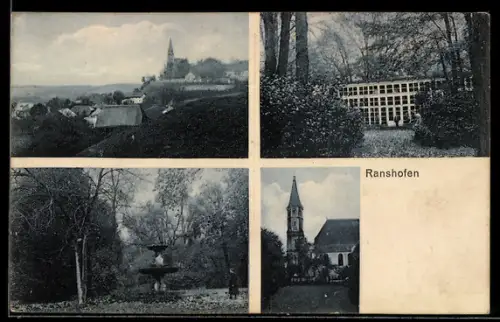 AK Ranshofen, Panorama mit Kirche, Park mit Brunnen und Pavillon