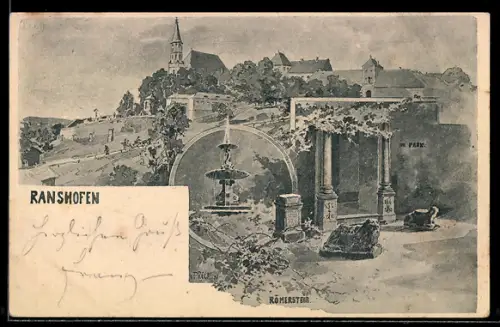 Künstler-AK Ranshofen, Panorama mit Kirche und Römerstein