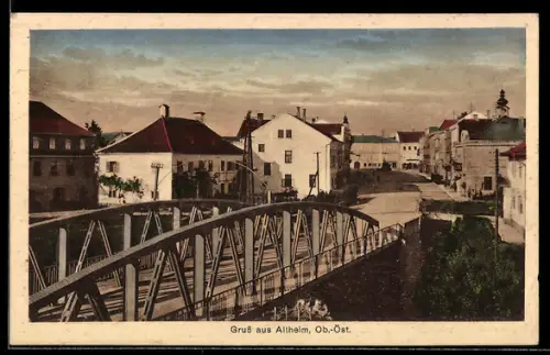 AK Altheim /Ob. Öst., Brücke und Ortsansicht mit Kirche