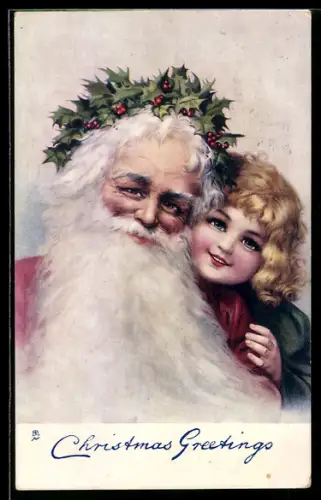 AK Christmas Greetings, Weihnachtsmann mit Blätterkrone und Kind