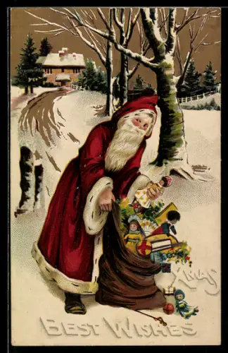 AK Weihnachtsmann mit Sack voller Geschenke auf einer verschneiten Strasse
