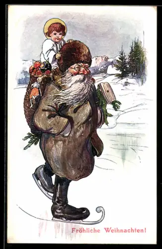 AK Weihnachtsmann mit dem Jesuskind auf dem Rücken
