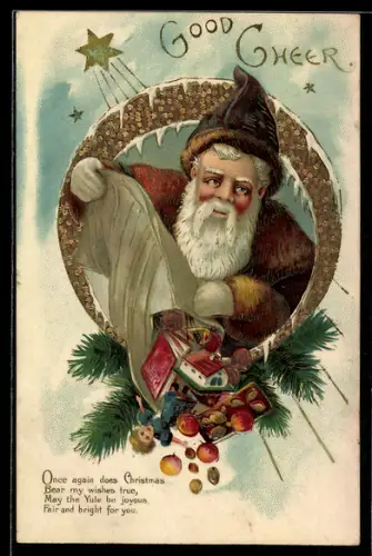 AK Weihnachtsmann schüttet einen Sack Geschenke aus