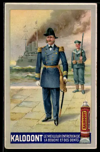 AK Reklame für Zahnpasta Kalodont, Matrose und Marineoffizier in Uniform, Kriegsschiff
