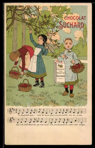 AK Chocolat Suchard, drei Mädchen beim Sammeln von Obst