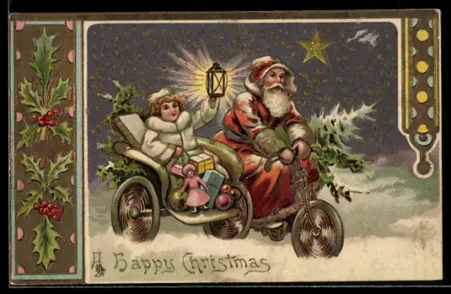 AK Weihnachtsmann fährt im Sternenlicht auf einem Motorrad mit Beiwagen