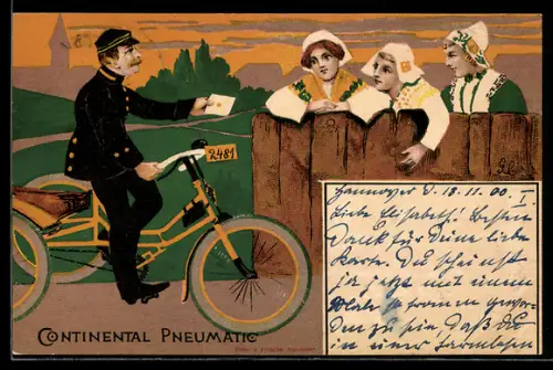 Künstler-AK Reklame für Continental Pneumatic, Briefträger verteilt die Post auf seinem Fahrrad, Damen in Tracht