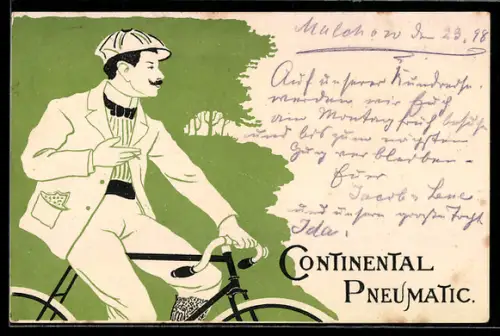 AK Reklame für Reifen von Continental Pneumatic, Rauchender Mann auf einem Fahrrad