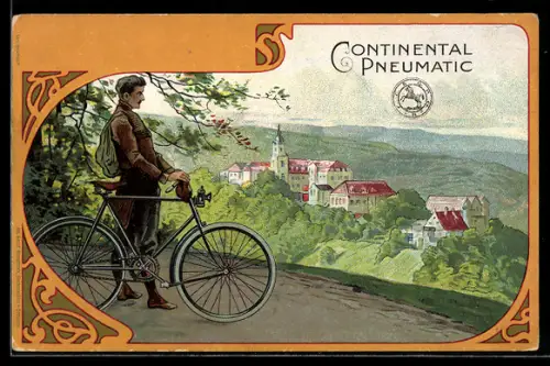 AK Reklame für Continental-Pneumatic, Mann mit seinem Fahrrad überblickt die Landschaft