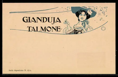 AK Hübsche Dame mit einer Packung Kakao-Schokolade Gianduja Talmone, Jugendstil