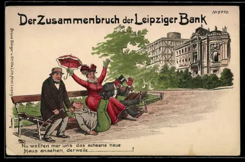 Künstler-AK Leipzig, Der Zusammenbruch der Leipziger Bank, Herrschaften stürzen durch eine kaputte Sitzbank