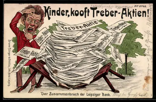 Künstler-AK Leipzig, Der Zusammenbruch der Leipziger Bank, Sitzbank bricht unter Treber-Aktien zusammen